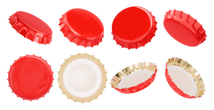 Isolated Set of glossy red crown cork bottle caps floating in various angles showcasing both vibrant tops and golden undersides. Beverage packaging design mockup. 3D Rendering.