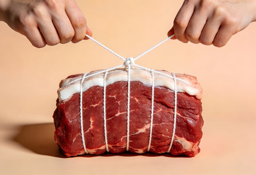 Raw beef roast being tied with white string by two hands