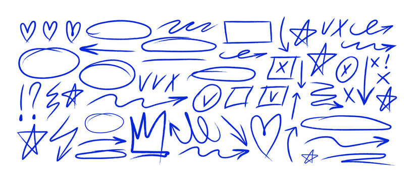 Hand drawn blue highlights, underlines and emphasis crayon elements. Blue pen check marks, ovals and school notebook shapes for hand drawn notes, PNG..