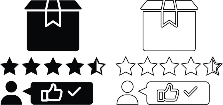 Vector icon set of a package delivery box with a star rating, customer feedback review, and a thumbs up in solid black silhouette and line outline styles isolated on a white background.