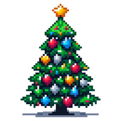 A Christmas tree made of pixels stands tall with colorful ornaments and a star at the top. This tree is shown during the holiday season and adds cheer to the environment © MARI LI