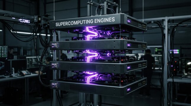 Advanced supercomputing cluster with powerful processors and vibrant purple energy for complex data analysis and scientific research
