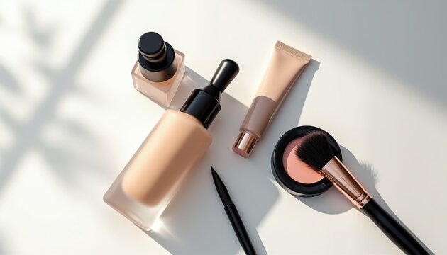 Cosmetic products laid out for application. Includes liquid foundation, cream, eyeliner pen, and blush brush. Natural light creates soft shadows. Perfect for beauty content.