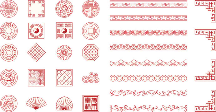 Pixel Art Style Traditional Asian Geometric Patterns and Borders