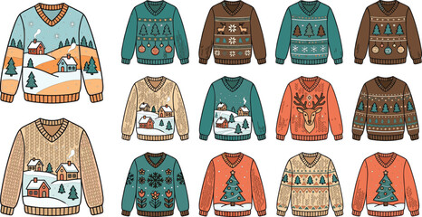 Vector cartoon illustration collection of Christmas ugly sweaters with winter landscapes reindeer pine trees and snowflakes patterns © Smith Rasel