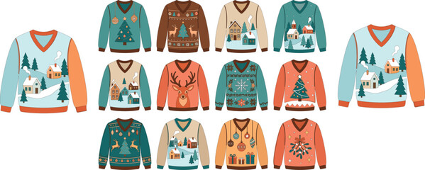 Vector collection of Christmas ugly sweaters featuring festive winter patterns holiday landscapes reindeer and cozy knitted designs © Smith Rasel