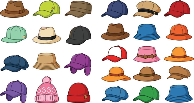 Vector illustration collection of various men and women hats caps and headwear items isolated on a white background