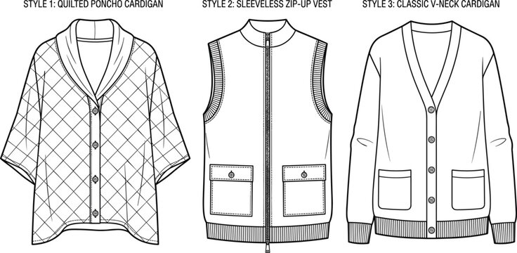Fashion technical sketch vector template of quilted poncho cardigan sleeveless zip up vest and classic v neck cardigan