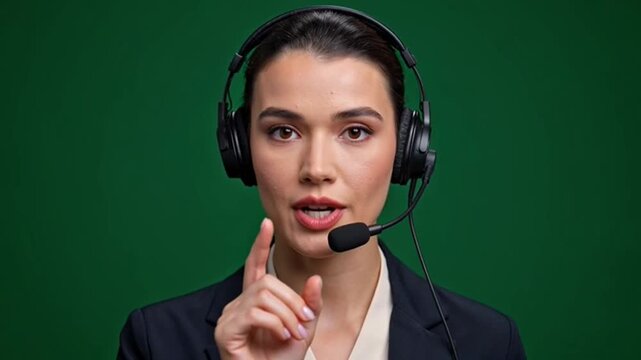Professional female customer service representative speaking with headset on green screen background.