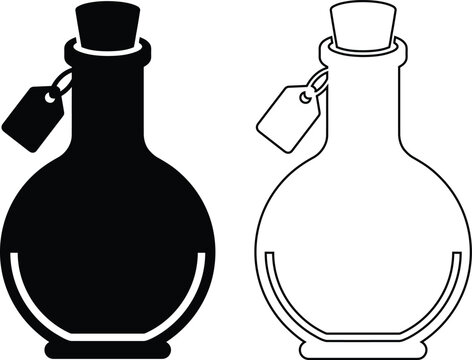 Minimalist flat vector icon set of featuring an apothecary potion bottle with a cork stopper and a label tag in solid black silhouette and linear outline styles.