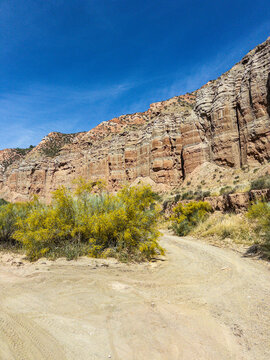 Desert canyon landscape in Granada Geopark with colorful cliffs