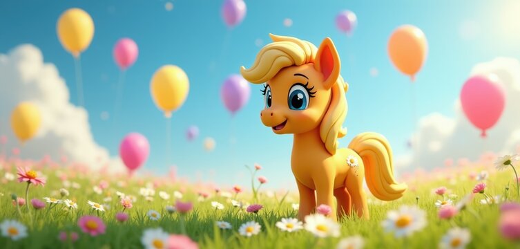 Cartoon pony stands in flower meadow, colorful balloons float in blue sky. Sunny day, cheerful atmosphere, kids theme, fantasy, magic, happiness, joy.
