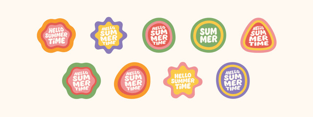 Collection of ten colorful wavy badges with summer greetings hello summer time sticker © Bappy