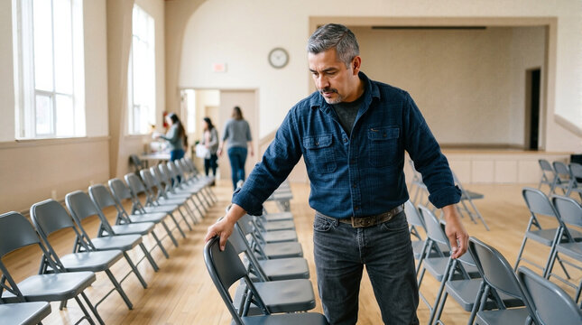 Man arranging chairs in community hall for church event setup, preparing space for gathering and prayer. Community gathering is important for church activities and faith-based events.