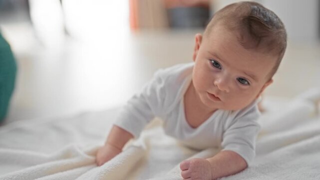 Newborn baby on soft blanket lifts head and props on forearm during tummy time in building; curiosity bonding.
