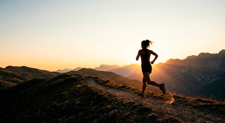 Obraz premium Silhouette of a female runner sprinting on a mountain trail at sunrise, dynamic outdoor fitness motivation, beautiful golden hour lighting with copy space