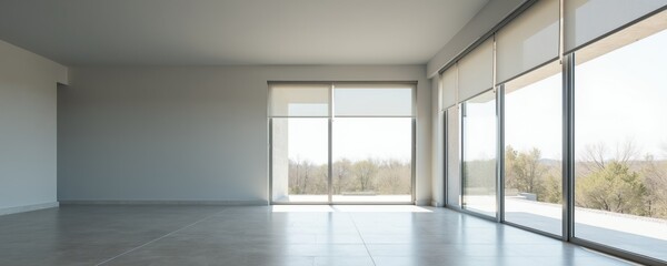 Fototapeta premium Modern empty room with large windows and natural light. Minimalist interior with grey floor and white walls offers clear view of trees and sky. Space ready for furniture.