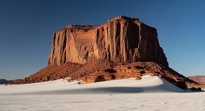 A large desert rock mesa or butte surrounded by bright white sand under a clear blue sky during daytime
