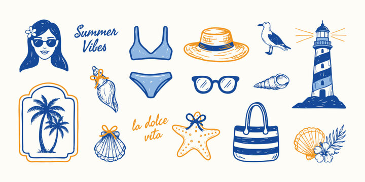 Summer Vacation Doodle Vector Pack Featuring Beach Shells, Sunglasses, Tropical Flowers, Palm Trees and Coastal Elements for Creative Design