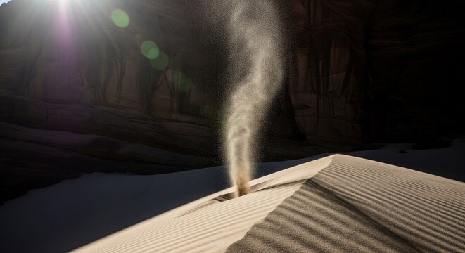 A swirling dust devil or mini sand tornado captured on top of a sand dune with bright sun flare in the background