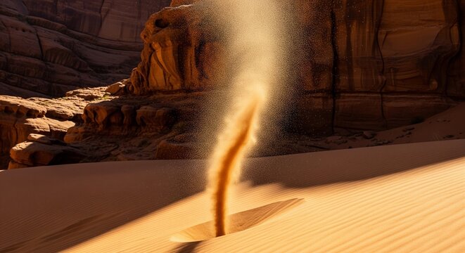A small sand whirlwind or dust devil spinning on a sunny desert sand dune next to canyon walls