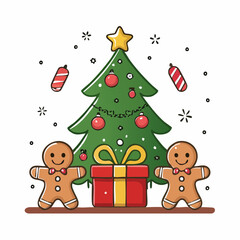 Fototapeta premium Christmas Tree with Gingerbread Men and Gift