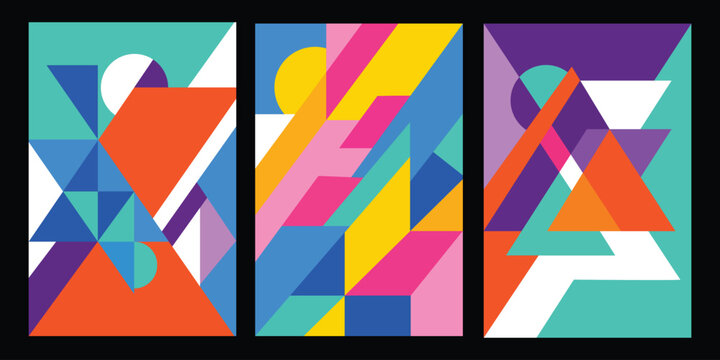 Set of abstract geometric posters with minimalist triangle and circle shapes in vibrant Bauhaus style for modern wall art.