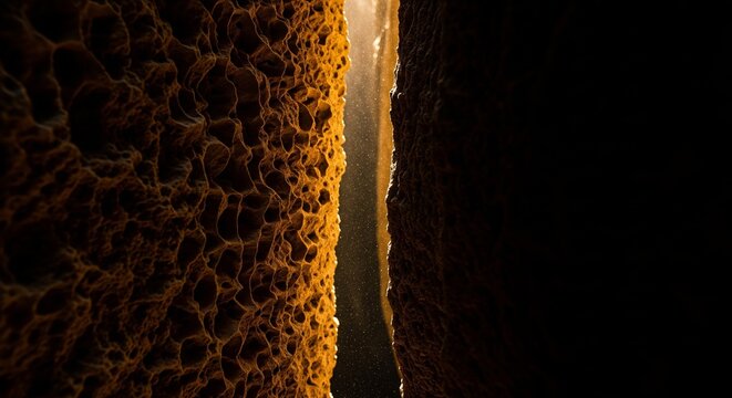 A dramatic close-up shot inside a narrow sandstone canyon slot, showing a textured rock wall with a sponge-like honeycomb pattern on the left