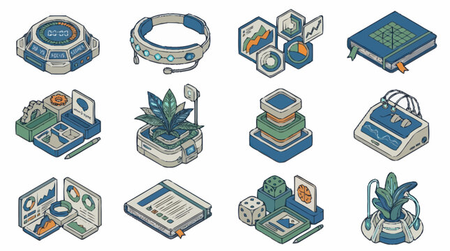 Isometric digital technology and data visualization icons.