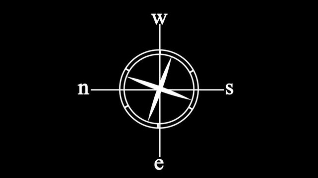 White minimalist compass icon animation with spinning needle showing north south east west directions isolated on black background