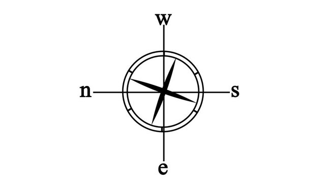Black minimalist compass icon animation with spinning needle showing north south east west directions isolated on white background