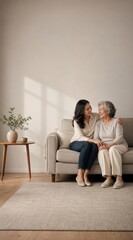 Obraz premium Daughter and elderly mother on sofa with copy space