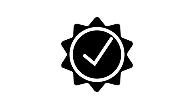 Black verified badge icon animation with white checkmark inside ribbon stamp isolated on white background