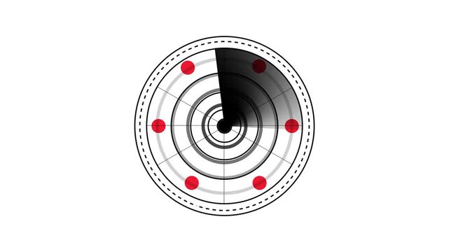 Futuristic HUD radar screen animation with black sweeping sonar line and red target dots isolated on white background