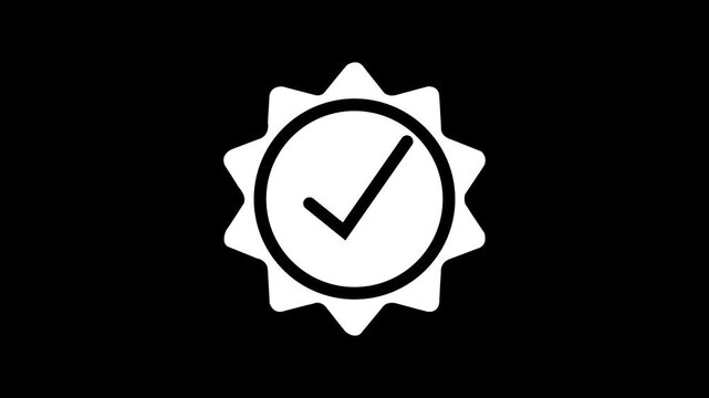 White verified badge icon animation with black checkmark inside ribbon stamp isolated on black background