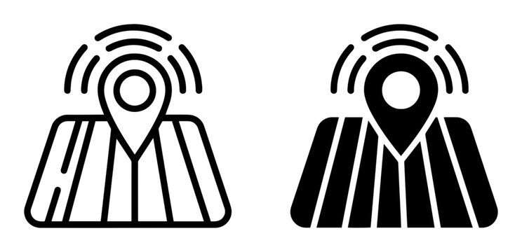 2 Location pin silhouette icons with signal, solid black style, navigation