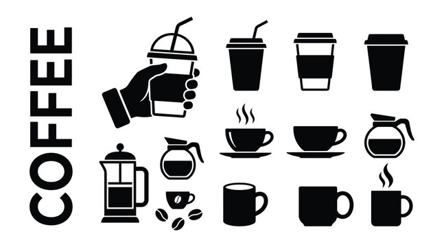 Coffee icons with hand holding cup during morning beverage with clean design Isolated on white background