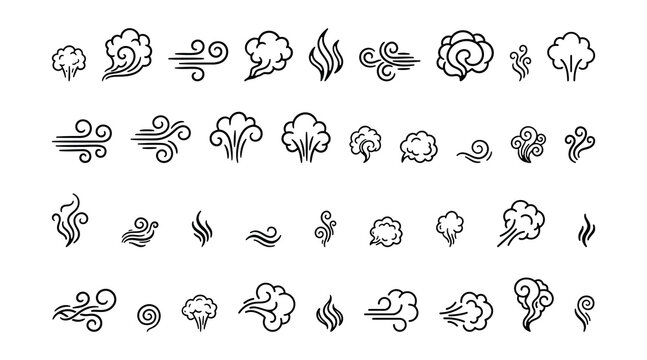 Collection of stylized wind gusts and smoke puffs in a simple line drawing style isolated on white background