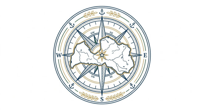 Vintage Compass Rose with Map of Mediterranean Sea.