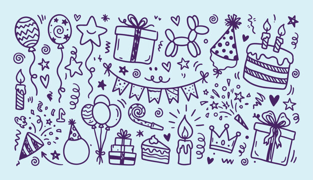 Hand drawn birthday party doodle set with celebration icons cake and gifts in vector outline style