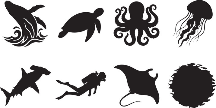 Sea life and scuba diving vector silhouette collection featuring whale, sea turtle, octopus, jellyfish, hammerhead shark, diver, and manta ray.