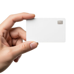 Obraz premium Blank White Bank Card with Chip in Hand Isolated on White Background