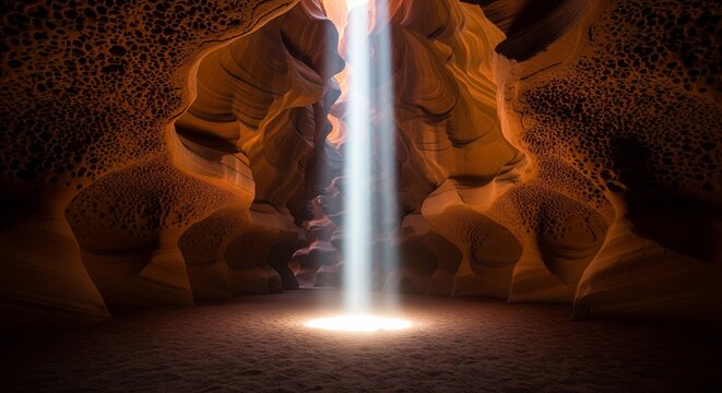Single beam of light spotlighting the floor of a large cave.