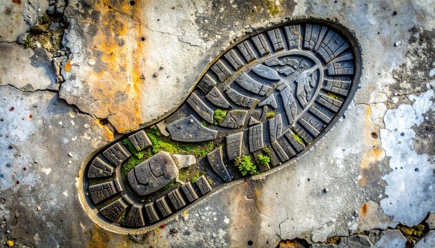 Detailed boot print embedded in weathered concrete, symbolizing human presence, rugged design, and lasting environmental impact of activity.