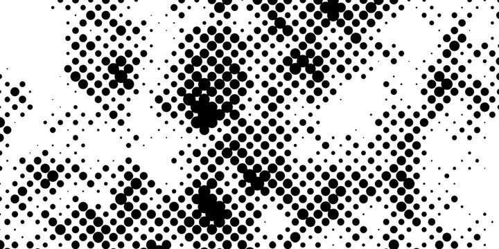 Abstract black and white halftone dots pattern background dynamic chaotic circle matrix texture, seamless pop art polka dot graphic overlay design element with copy space for banner.