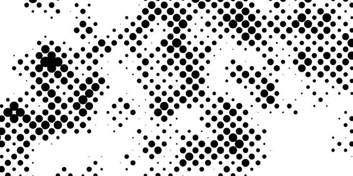 Abstract black and white halftone dots pattern background dynamic chaotic circle matrix texture, seamless pop art polka dot graphic overlay design element with copy space for banner.