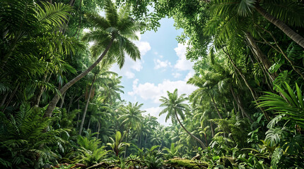 Fototapeta premium Lush Tropical Rainforest Canopy with Palm Trees and Blue Sky