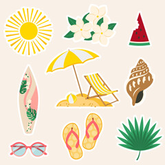 Summer icon pack. Set of sun, Polynesian Tiare, watermelon, surfboard, parasol, chair, beach ball, seashell, sunglasses, flip-flops and tropical leaf stickers in flat design. Vector illustration. © Mademoiselle_Sadia