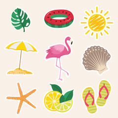 Summer icon pack. Set of monstera palm, watermelon buoy, sun, parasol, pink flamingo, seashell, starfish, lemon fruit and flip-flops stickers in flat design. Vector © Mademoiselle_Sadia