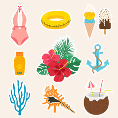 Summer icon pack. Set of swimsuit, yellow buoy, ice cream, sunscreen, hibiscus, anchor, coral, seashell and coconut cocktail stickers in flat design. Vector illustration. © Mademoiselle_Sadia